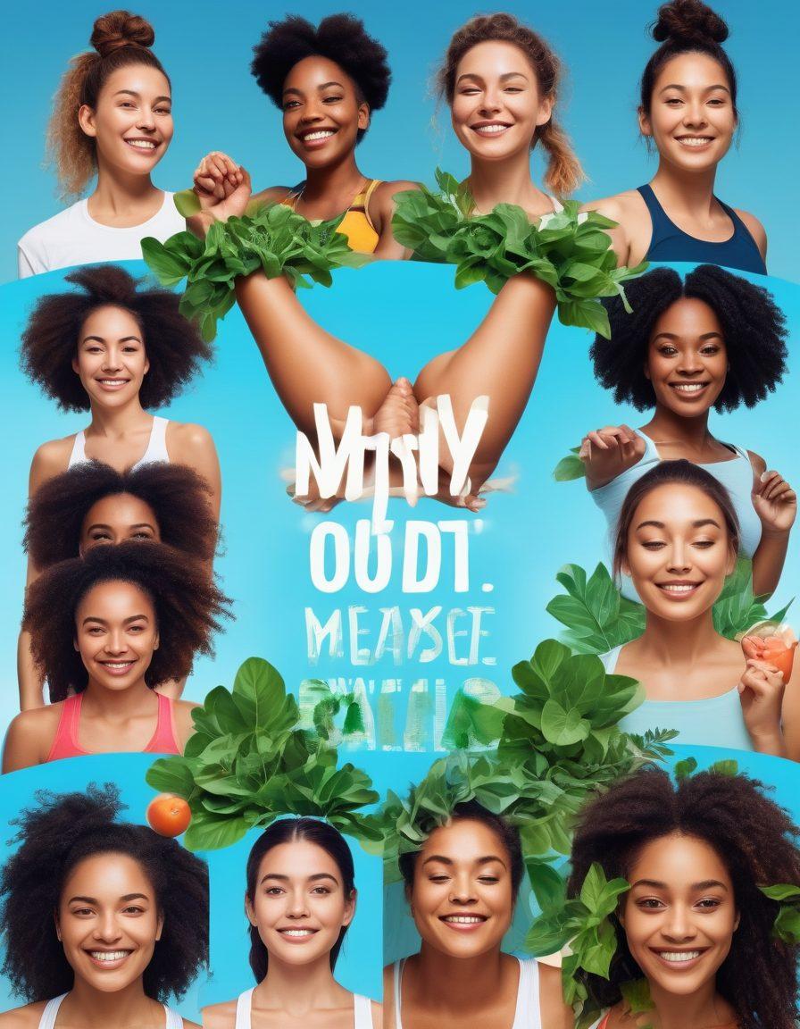 A vibrant and diverse group of individuals joyfully engaging in various fitness activities, such as yoga, running, and cooking healthy meals. Each person showcases different body types, promoting body positivity and self-acceptance. Surround them with green plants and a bright blue sky to evoke a sense of wellness and vitality. Include motivational quotes in stylized typography integrated into the scene. super-realistic. vibrant colors. white background.