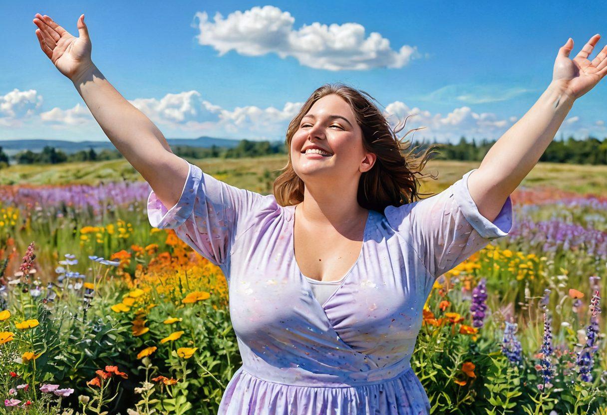 A confident, curvy woman standing in a sunlit field, arms raised in celebration of body positivity, surrounded by colorful wildflowers. Soft pastel colors evoke a sense of calm and joy, with gentle sunlight illuminating the scene, emphasizing her radiant smile and the beauty of her curves. Empowering quotes about self-acceptance softly overlay the background. watercolor painting. vibrant colors.